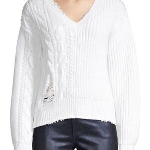 RTA Road to Awe Cable-Knit Dropped Shoulder Distressed V Neck Sweater